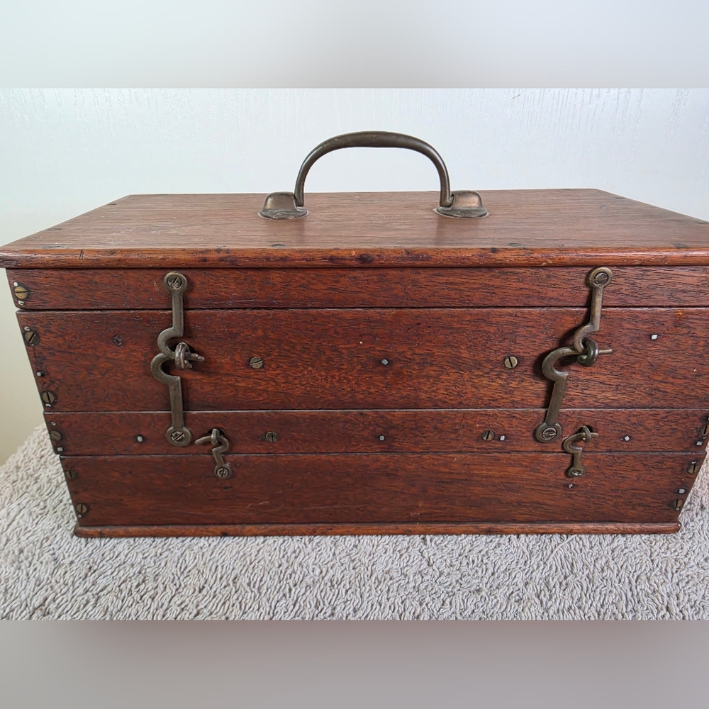 Vintage Wooden Jewelry Or Specialty Tool Storage Box in Brown - Picture 2 of 15